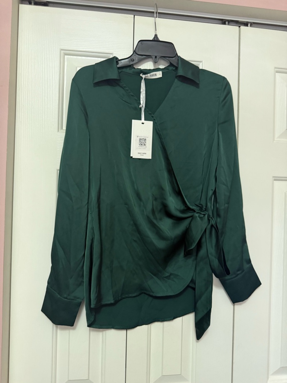 Grace Karin Emerald Green Satin Wrap Blouse